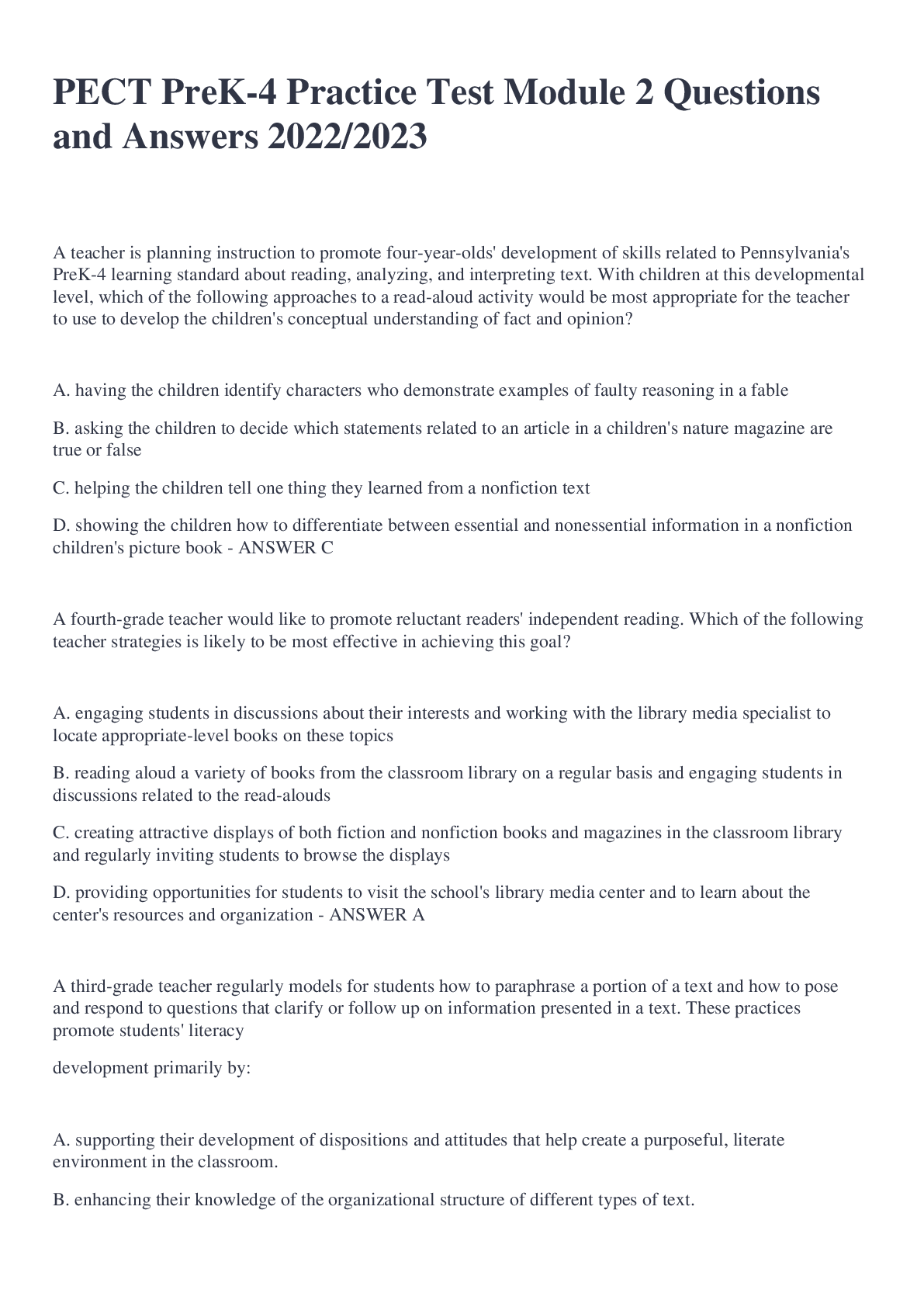 Preview image for PECT PreK-4 Practice Test Module 2 Questions and Answers 2022/2023